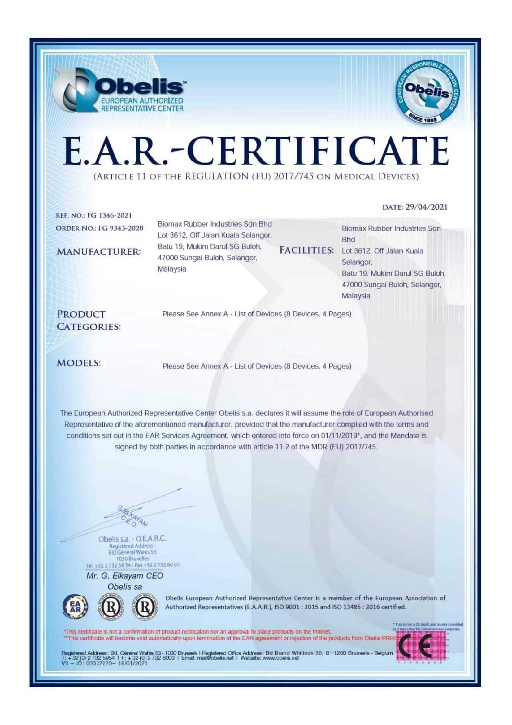 Obelis E.A.R. certificate: EU authorized representative appointed (Obelis s.a.) for our Malaysia factory
