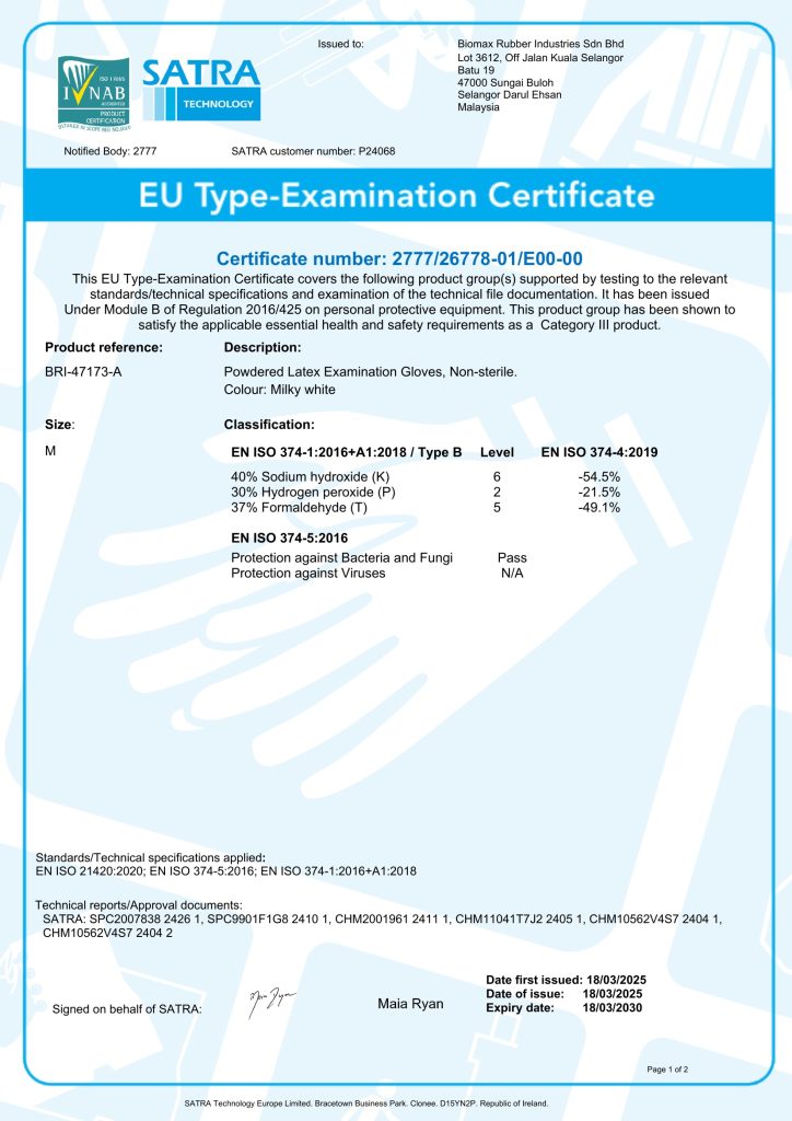 EU Type-Examination Certificate from SATRA Technology Europe (PPE Regulation (EU) 2016/425, Category III) for BRI-47173-A powdered latex examination gloves, non-sterile