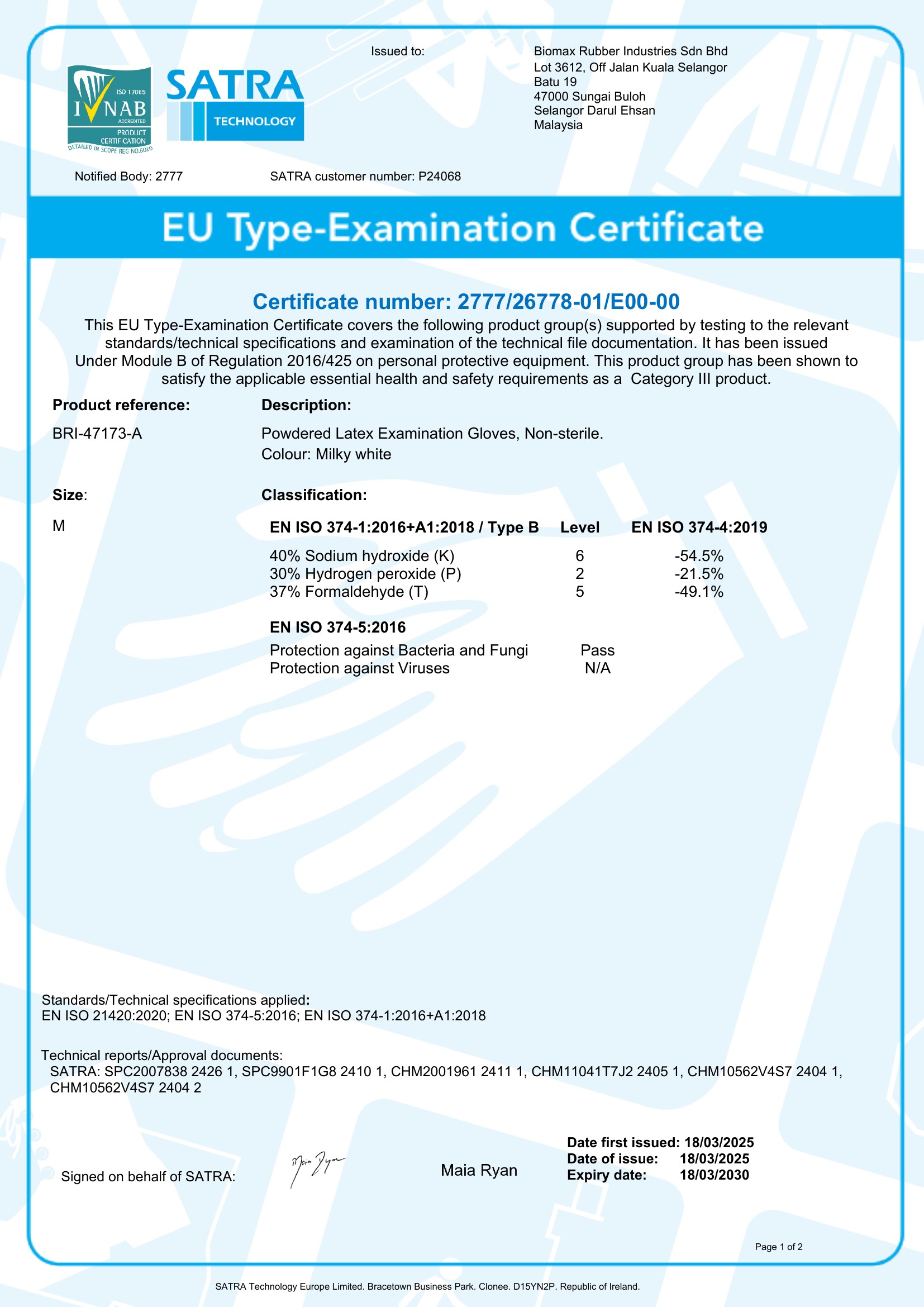 EU Type-Examination Certificate from SATRA Technology Europe (PPE Regulation (EU) 2016/425, Category III) for BRI-47173-A powdered latex examination gloves, non-sterile