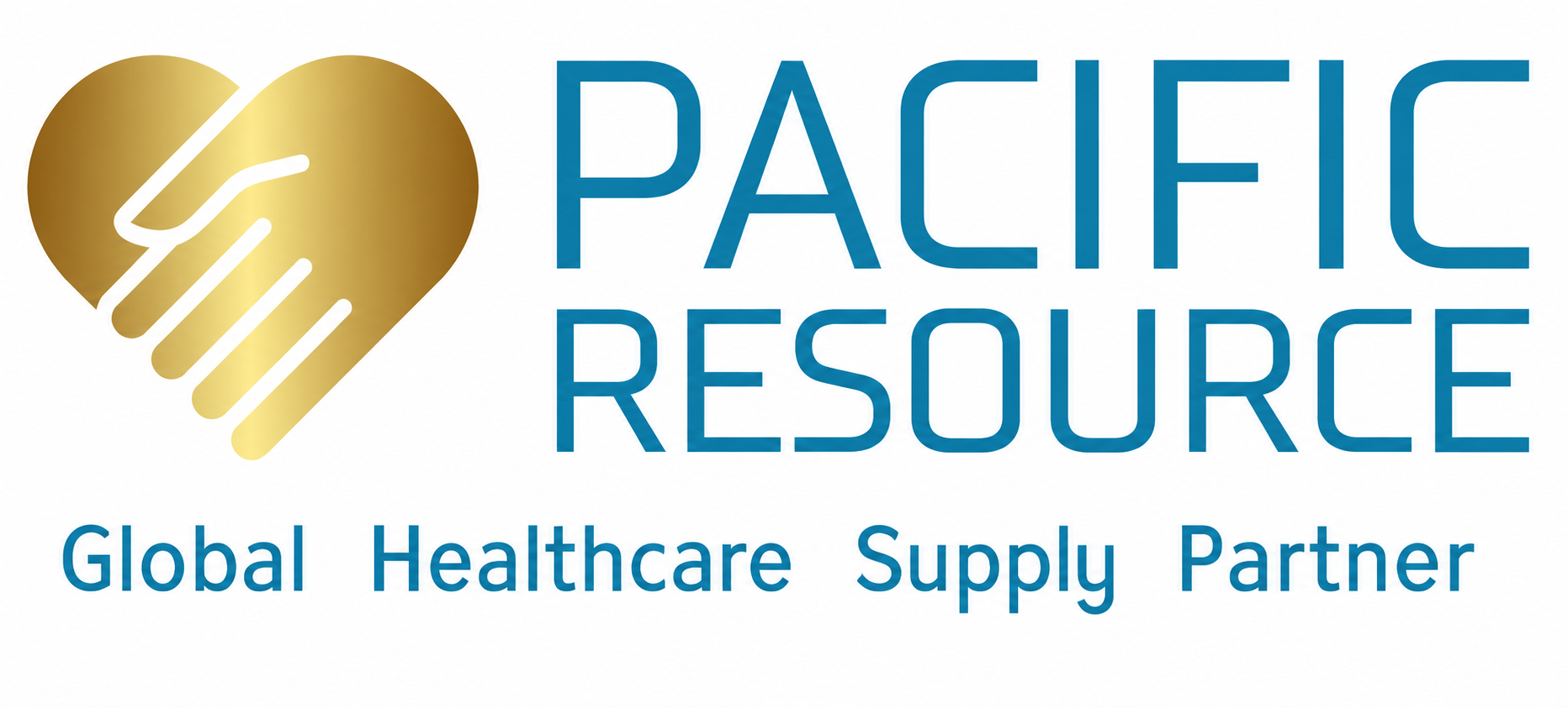 Pacific Resource Global logo: gold handshake heart mark beside PACIFIC RESOURCE and Global Healthcare Supply Partner tagline